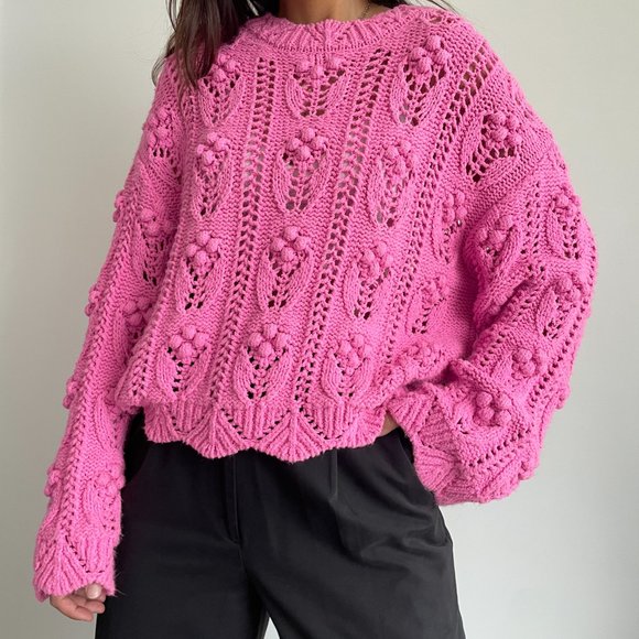 Zara Women pink pom pom knit slouchy sweater - Picture 8 of 10